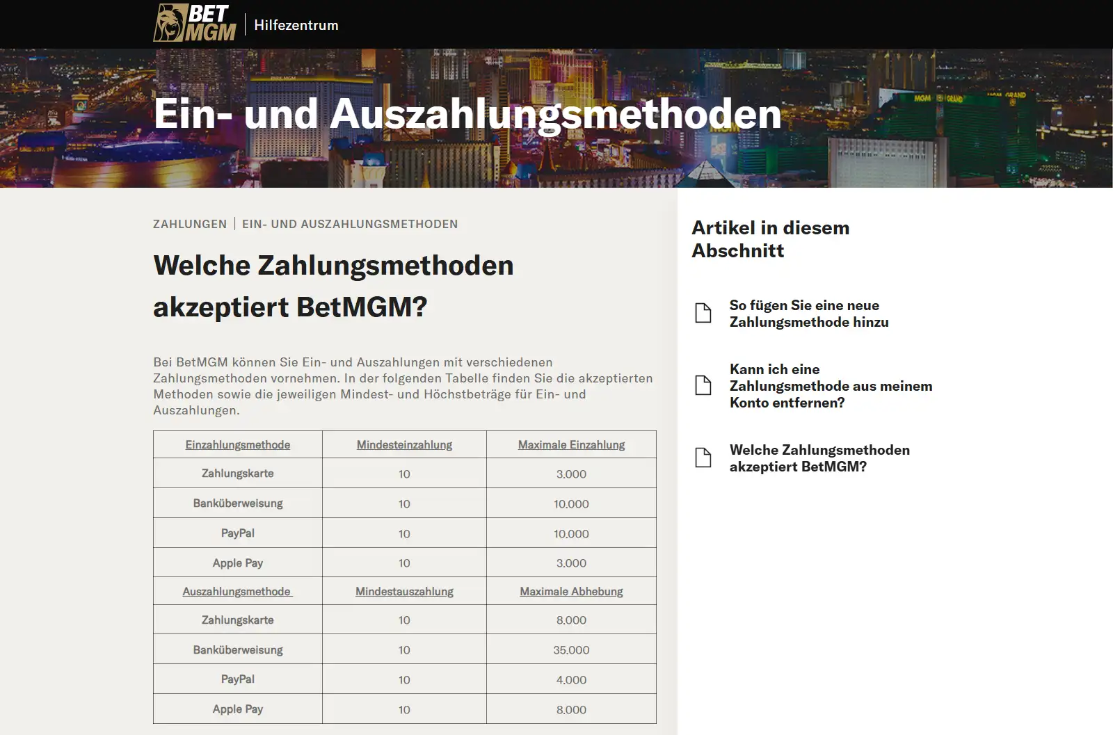 Hilfebereich von BetMGM mit Angaben zu Zahlungswegen und Auszahlung