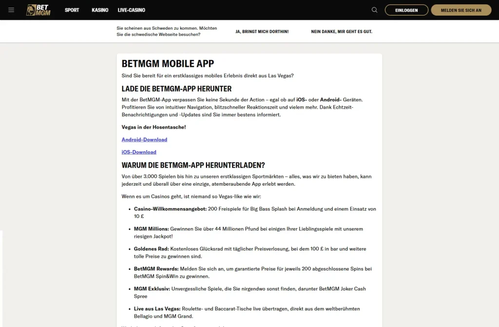 Bereich der BetMGM-Mobilanwendungen mit Hinweisen auf iPhone und Android