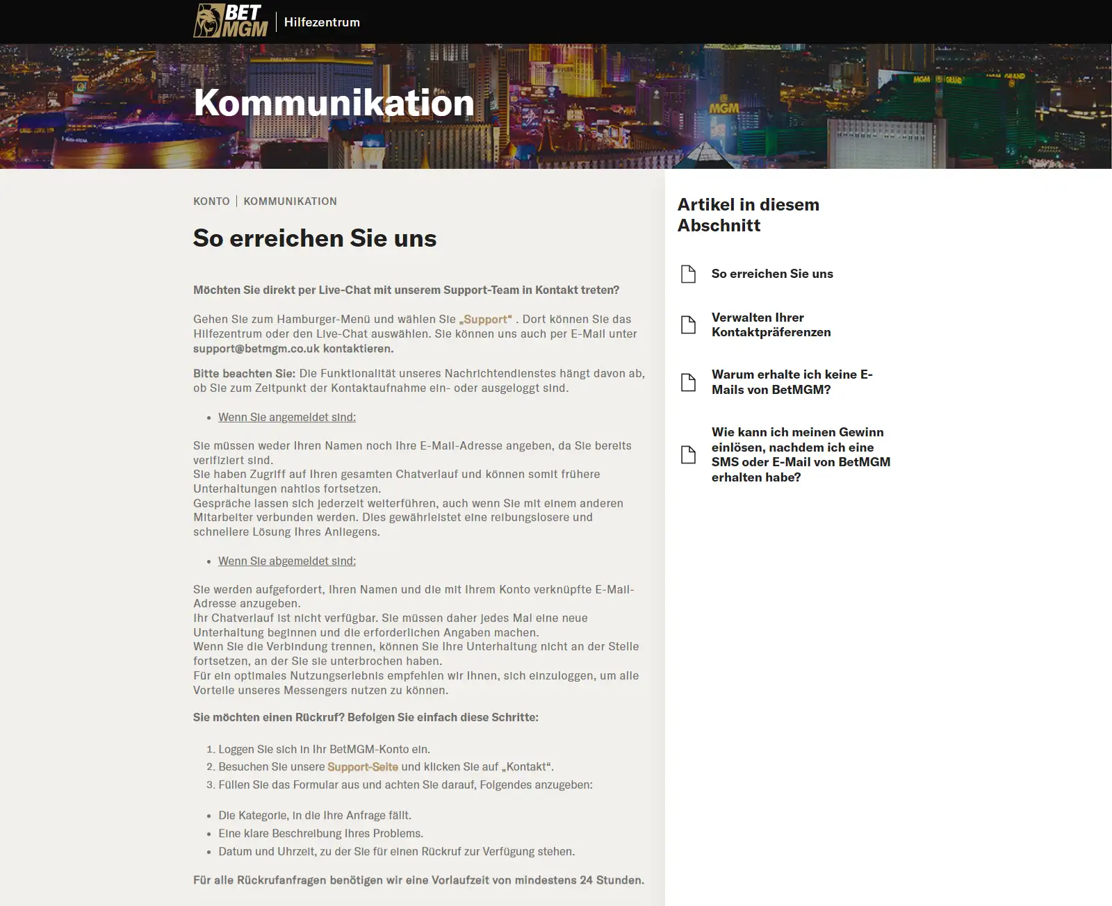 Kontaktübersicht von BetMGM mit Servicewegen und Rückrufmöglichkeit