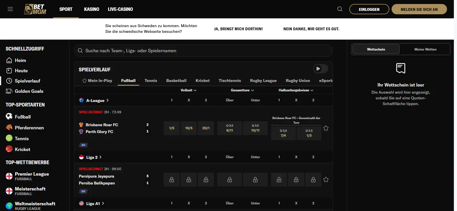 Bereich für laufende Spiele von BetMGM mit Sportnavigation und laufenden Ereignissen
