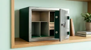 Halb geöffneter Safe in einem aufgeräumten Regal